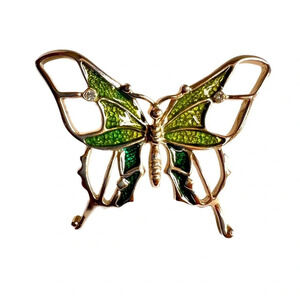 Vintage Green Enamel Silver Tone Butterfly.  Green and gold.